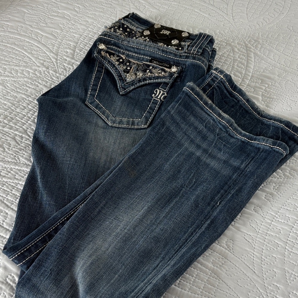 Miss Me Dark Blue Boot Cut Jeans with Embellished Pockets